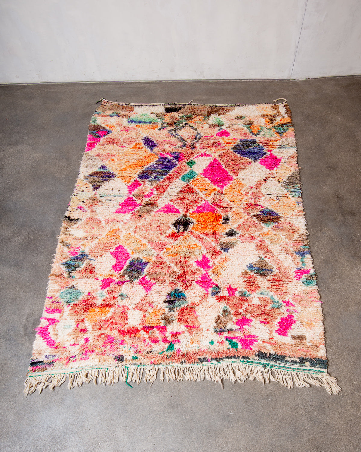 Modern, designer, handcrafted Berber rug from Morocco. Vintage carpet with beautiful colours and patterns and fluffy texture.